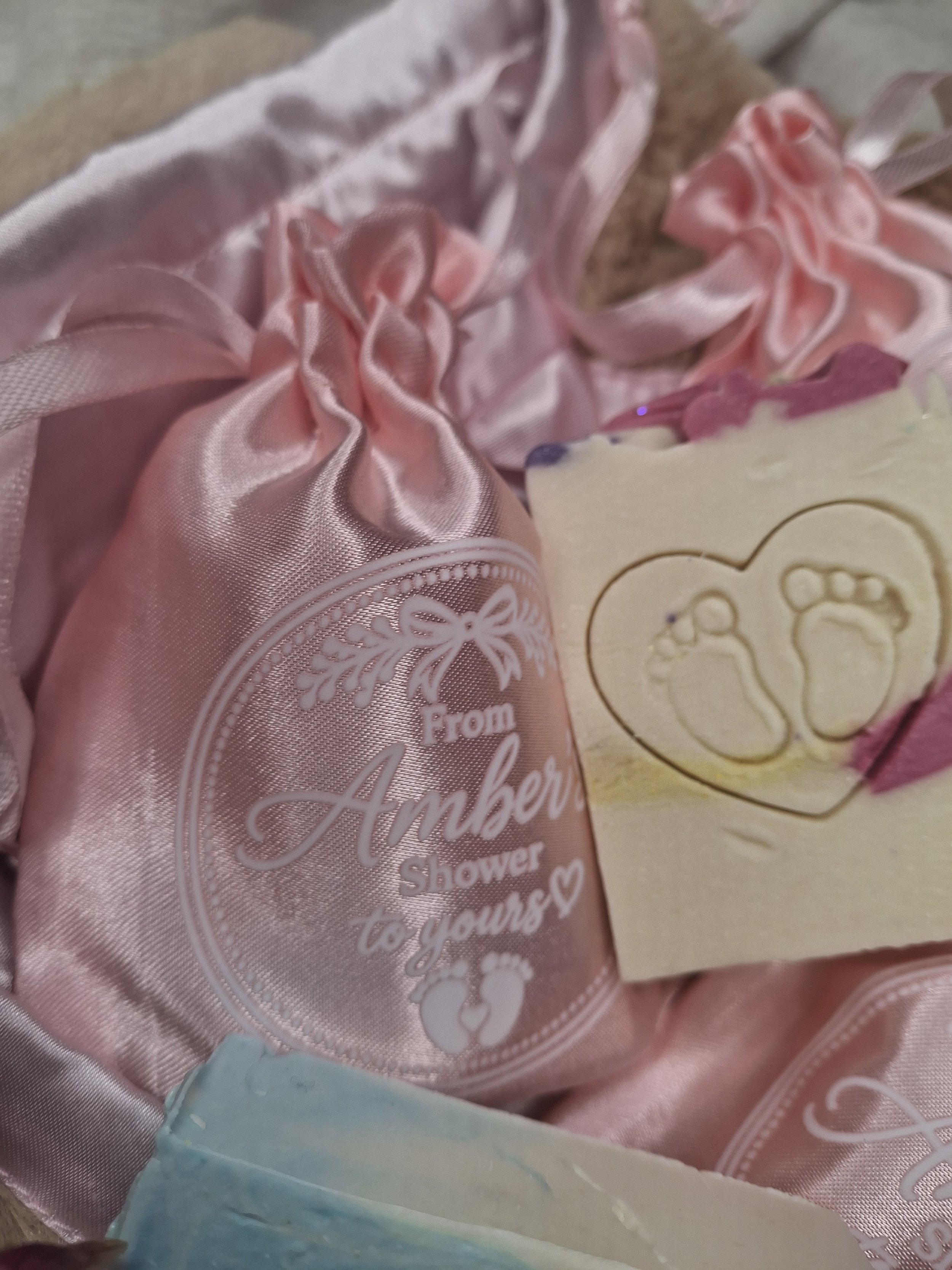 Luxury personalised soap favour with satin gift bag, suitable for baby showers, weddings and special events.