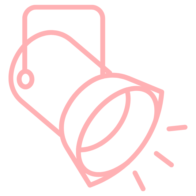Pink outline of a flashlight emitting light beams, depicted in a minimalist style.