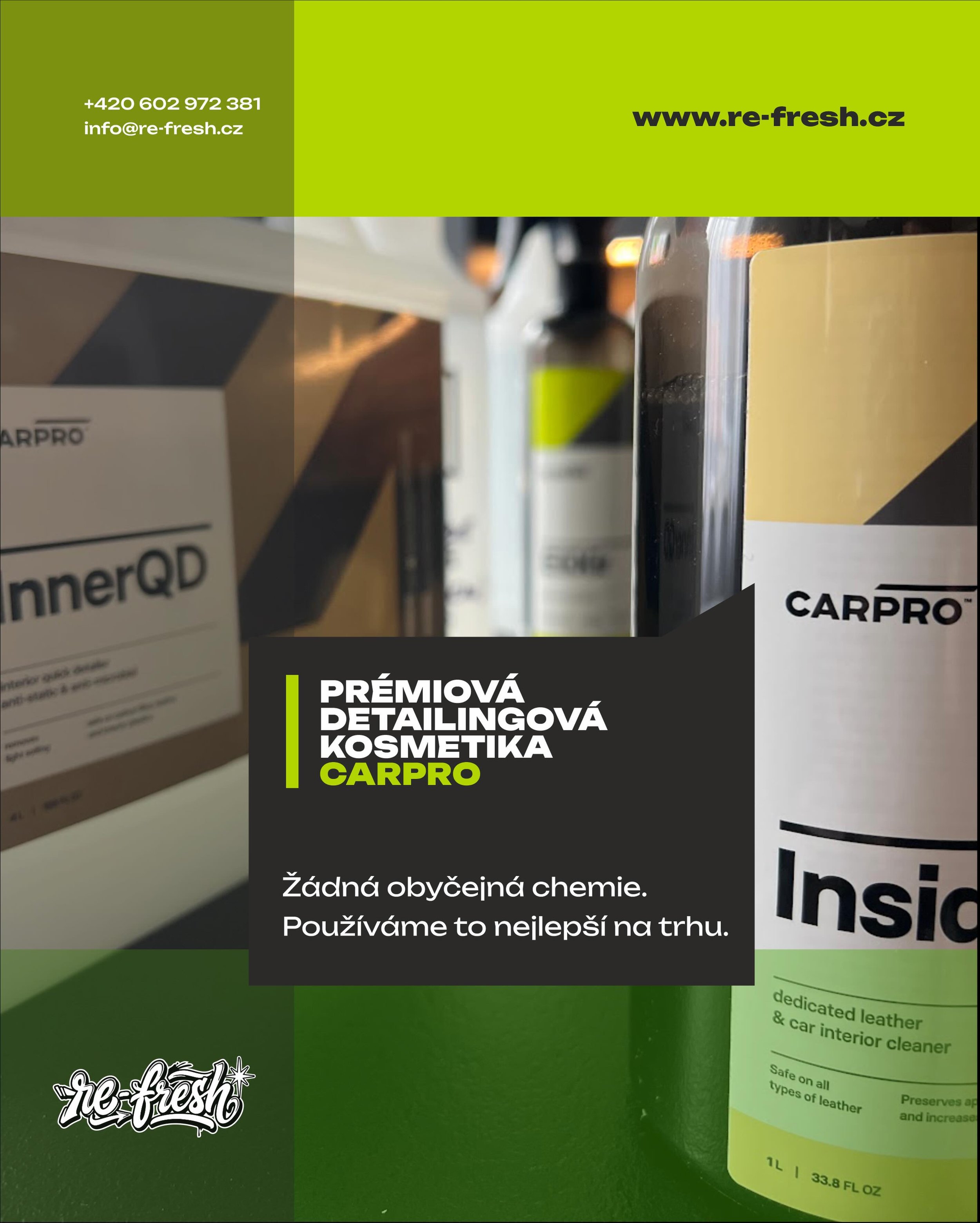 Svěřili byste sv&eacute; auto levn&eacute; kosmetice ze supermarketu? My rozhodně ne. ❌

V re-fresh věř&iacute;me, že dokonal&yacute; v&yacute;sledek tvoř&iacute; detaily. Proto v na&scaron;&iacute; mobiln&iacute; d&iacute;lně nenajdete ž&aacute;dnou