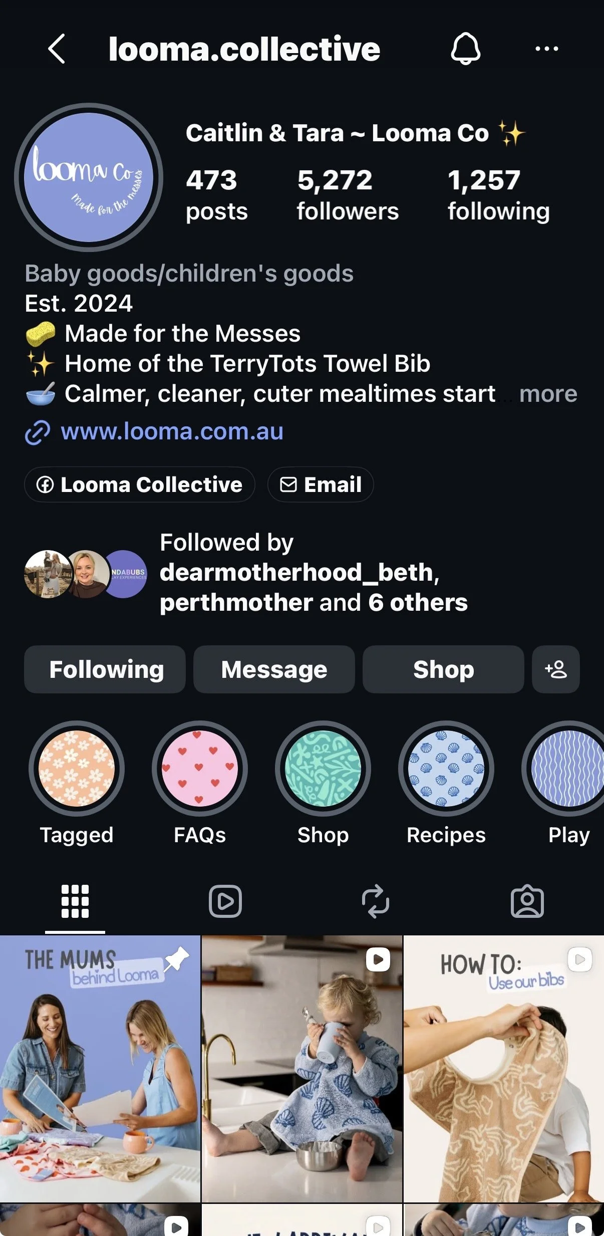 Instagram profile of looma.collective showcasing baby and children's clothing and accessories, with highlight stories for tagged items, FAQs, shopping, recipes, and play, featuring photos of young children and mothers.