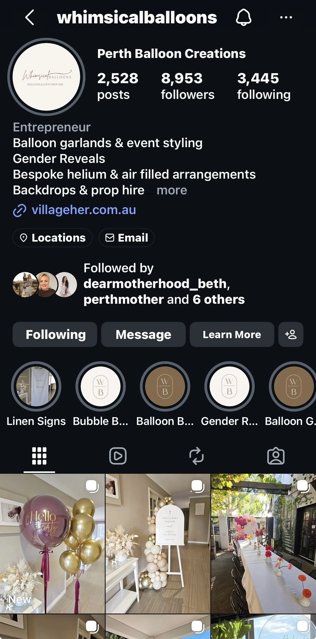 Instagram profile of Perth Balloon Creations showcasing balloon decorations and event styling with 2,528 posts and 8,953 followers.