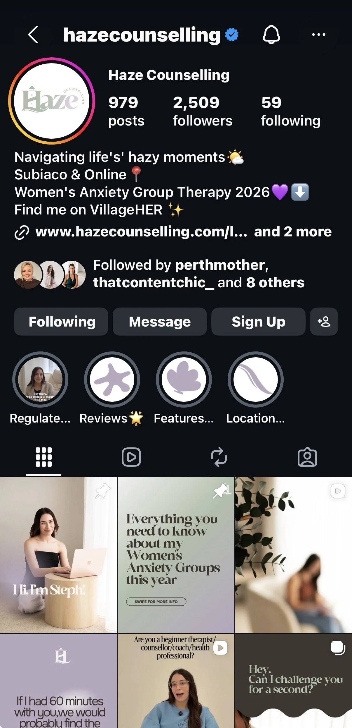 Screenshot of a TikTok profile for Haze Counselling, showing bio info, profile picture, and videos related to women's anxiety group therapy and mental health counseling.