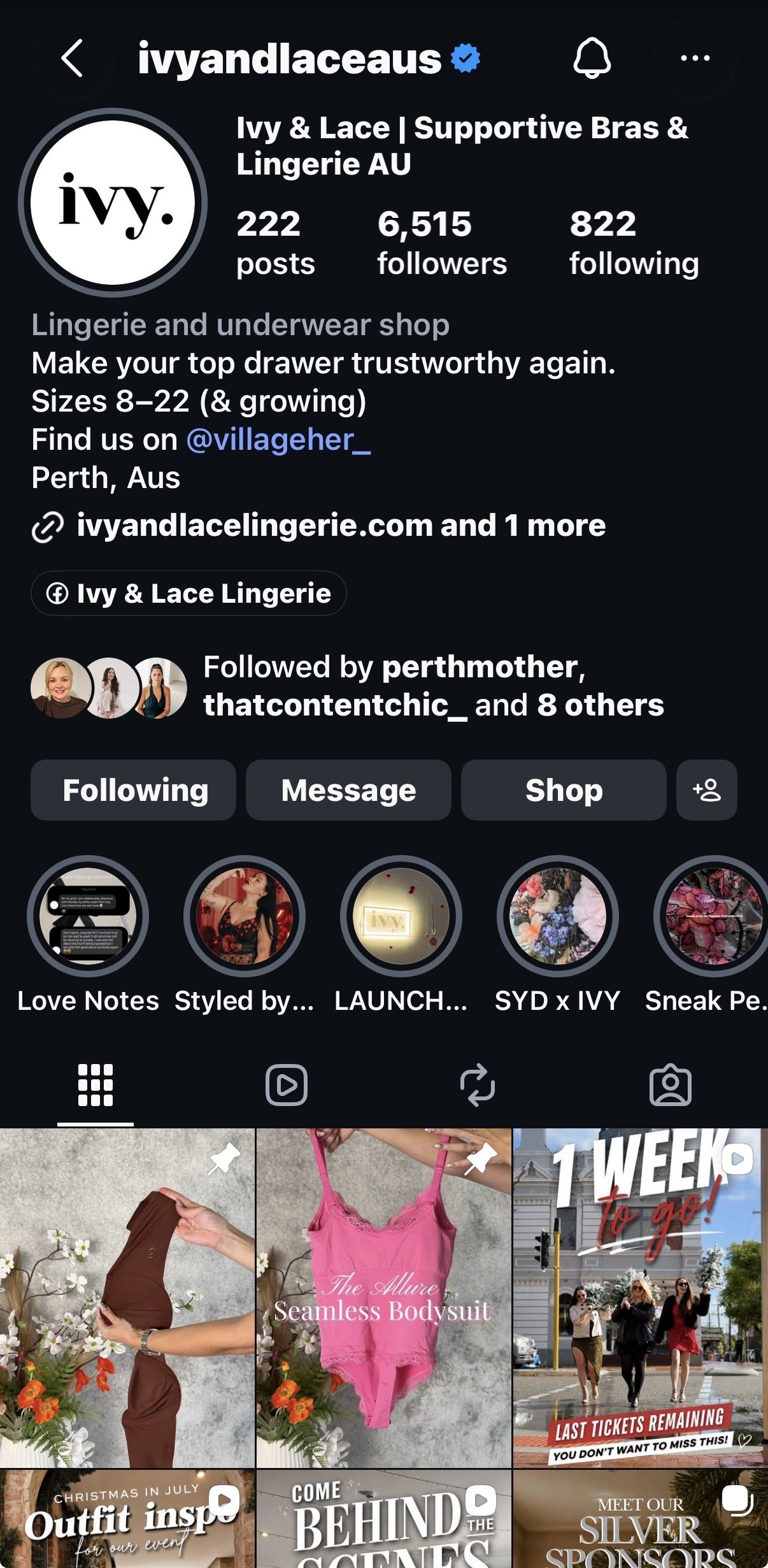 Instagram profile page of Ivy & Lace, a lingerie and underwear shop based in Perth, Australia, with posts featuring lingerie products and promotional images.