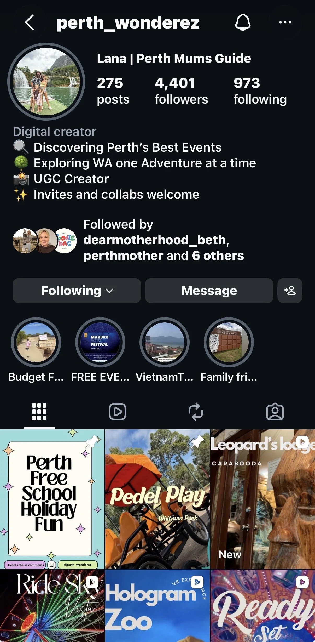 Screenshot of an Instagram profile page for 'perth_wonderz,' a Perth Mums Guide creator, featuring a profile picture of a woman with two children by a waterfall, and showing sections for posts, followers, and following, with image thumbnails of local events and activities.