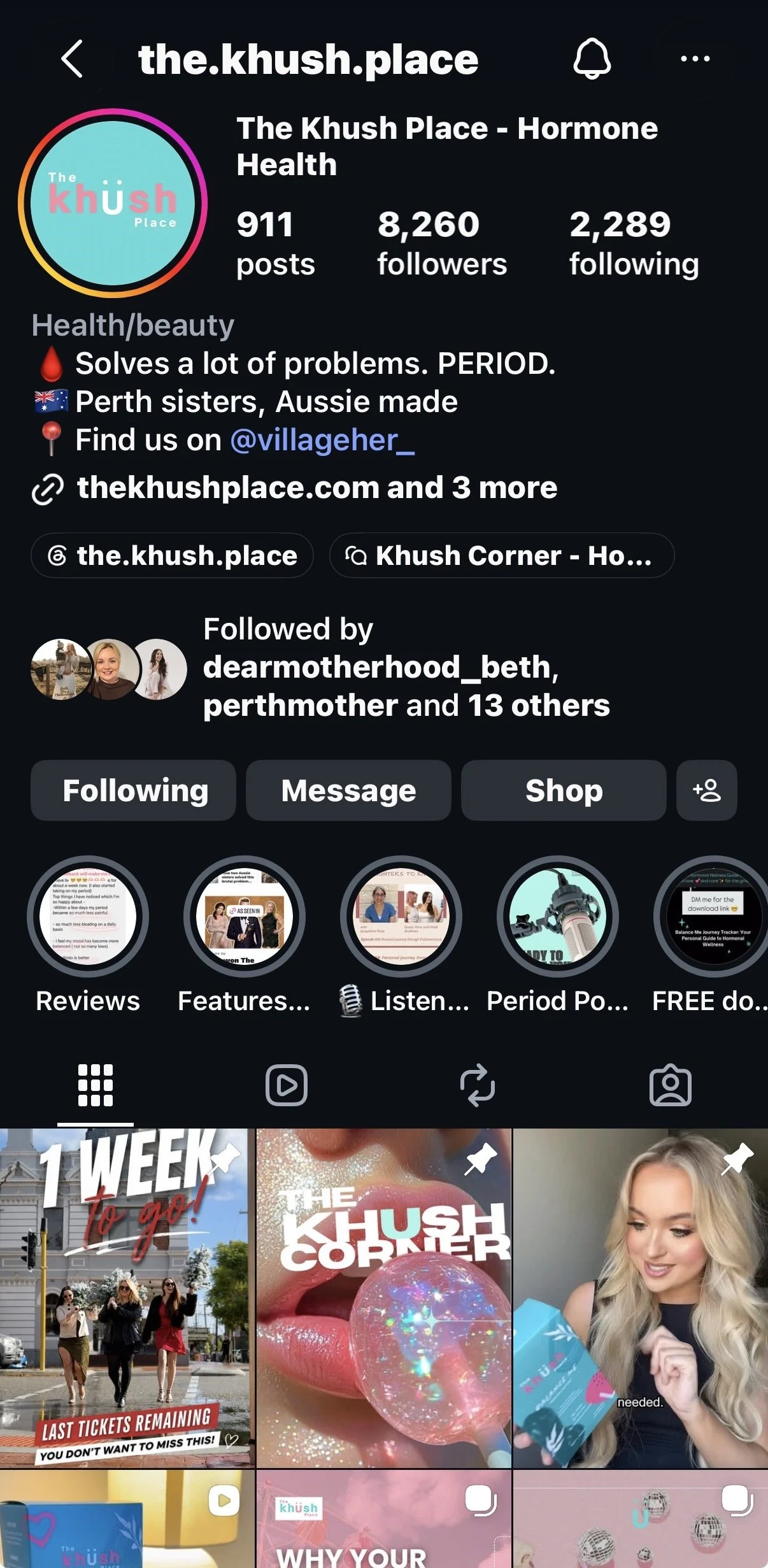 Screenshot of The Khush Place social media profile page displaying profile info, follow button, and recent stories.