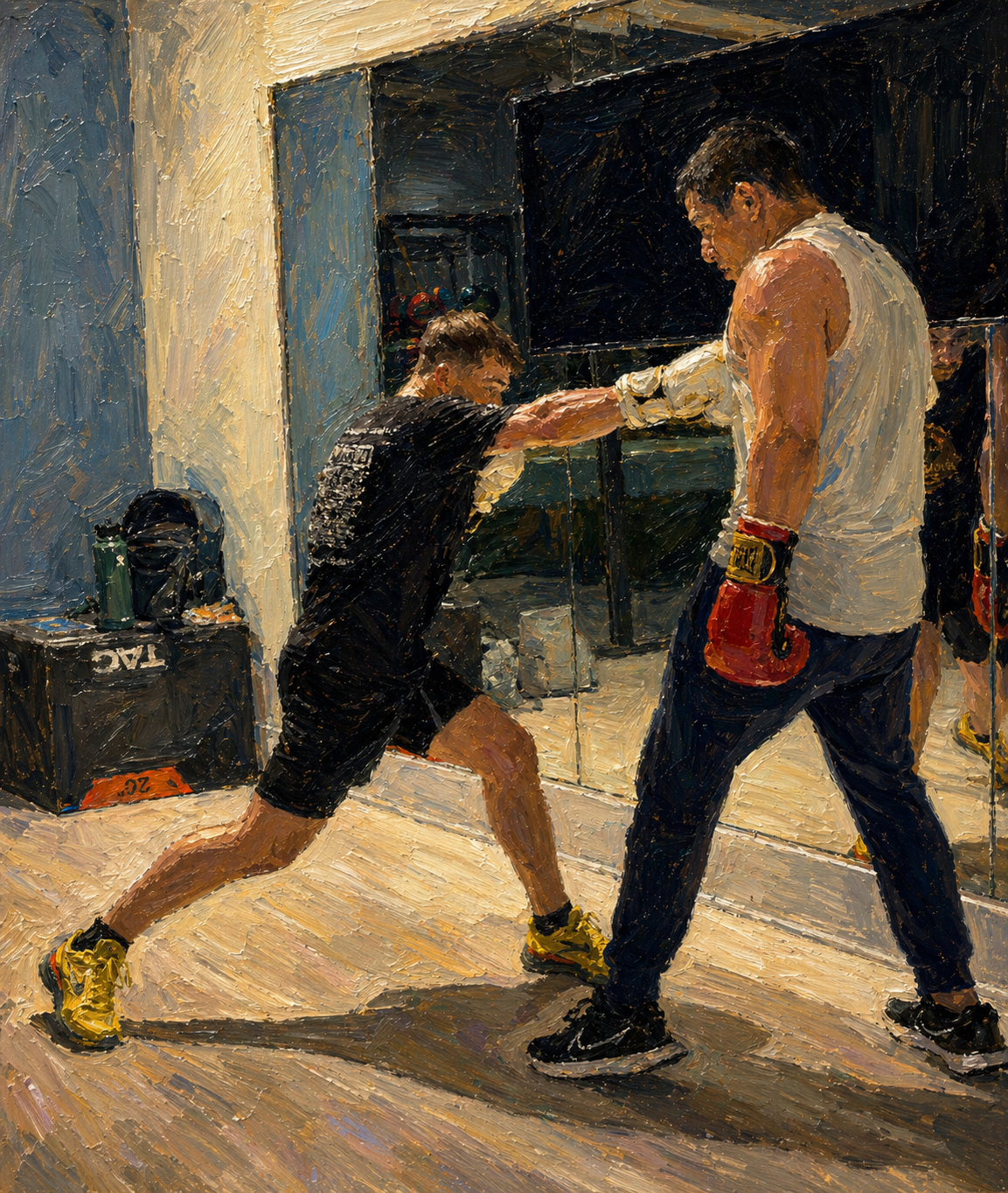 A boxing trainer practicing with a boxer in a gym during a training session.