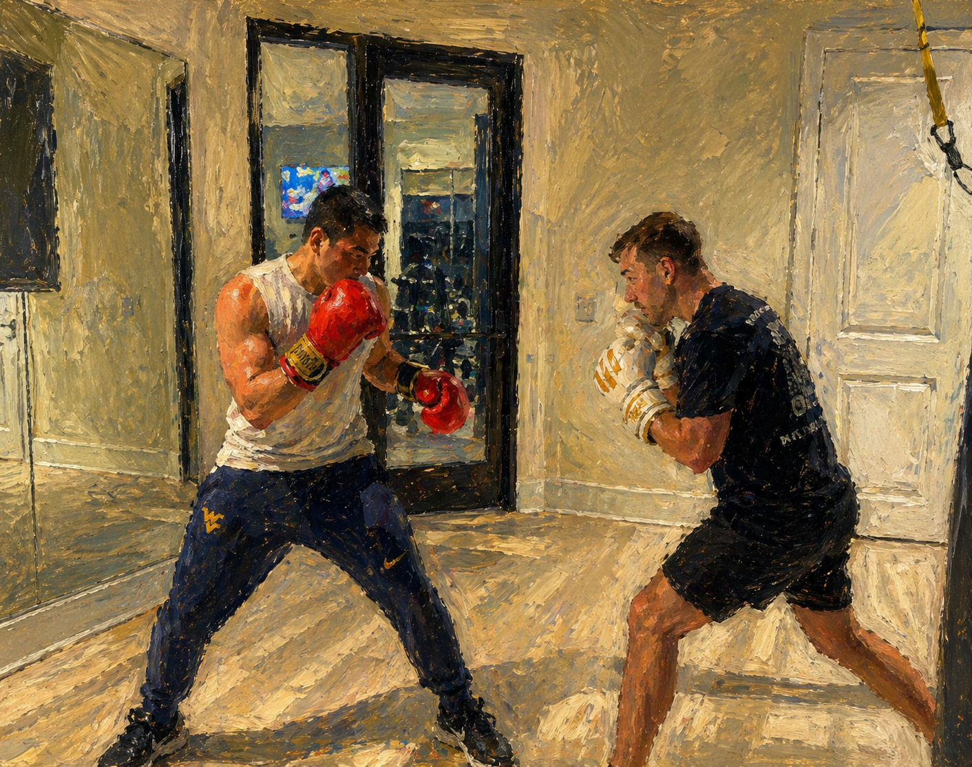 Two men boxing in a room with wooden floor, one wearing white tank top, blue pants, and red gloves, the other in black shirt and shorts, and white gloves.