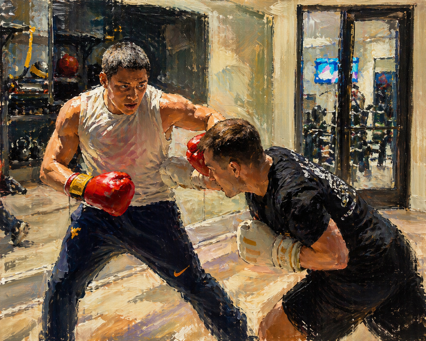 Two young men sparring in a boxing match, one in white shirt and red gloves, the other in black shirt and beige gloves, inside a gym with open doors showing a crowd outside.