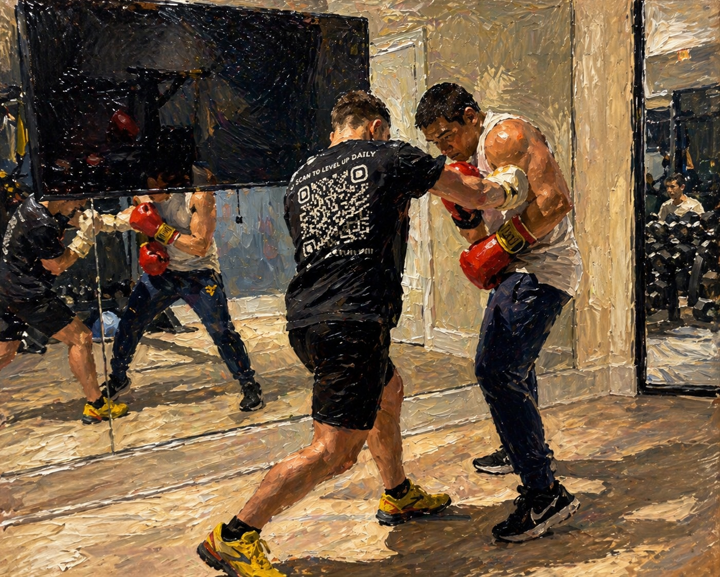 Two boxers training in a gym with mirrors, wearing gloves and shorts, while a trainer assists them with their punches.