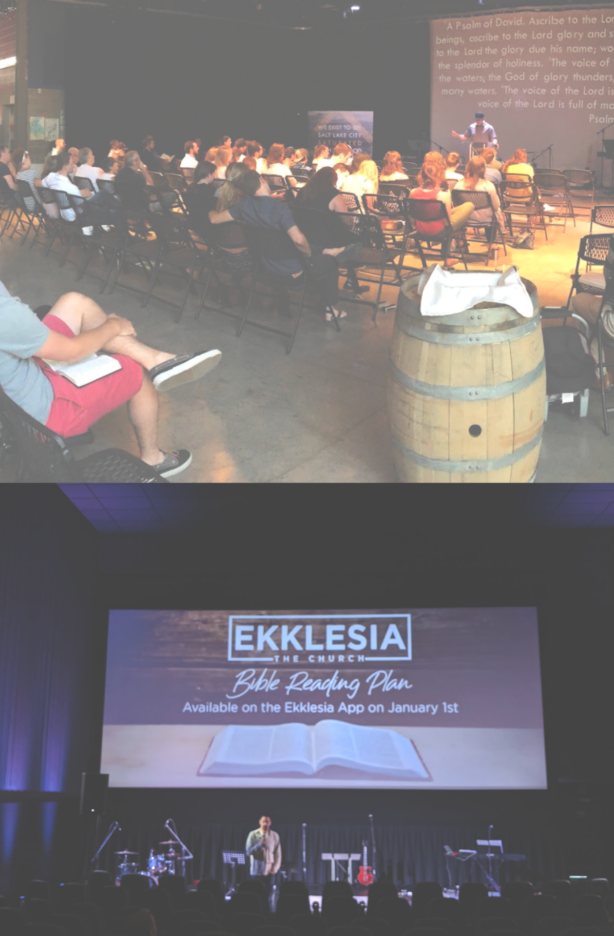 The first image shows an audience attending a church event or seminar, with a speaker on stage and a large screen displaying text. The second image shows a stage with a man speaking, musical instruments set up, and a large screen advertising the Ekklesia church's Bible reading plan available on their app.