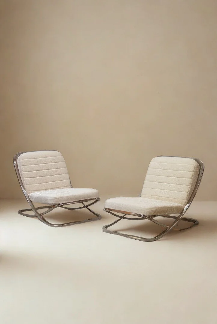 Pair of Low Lounge Chairs in Polished Chrome and White Fabric, 1970s