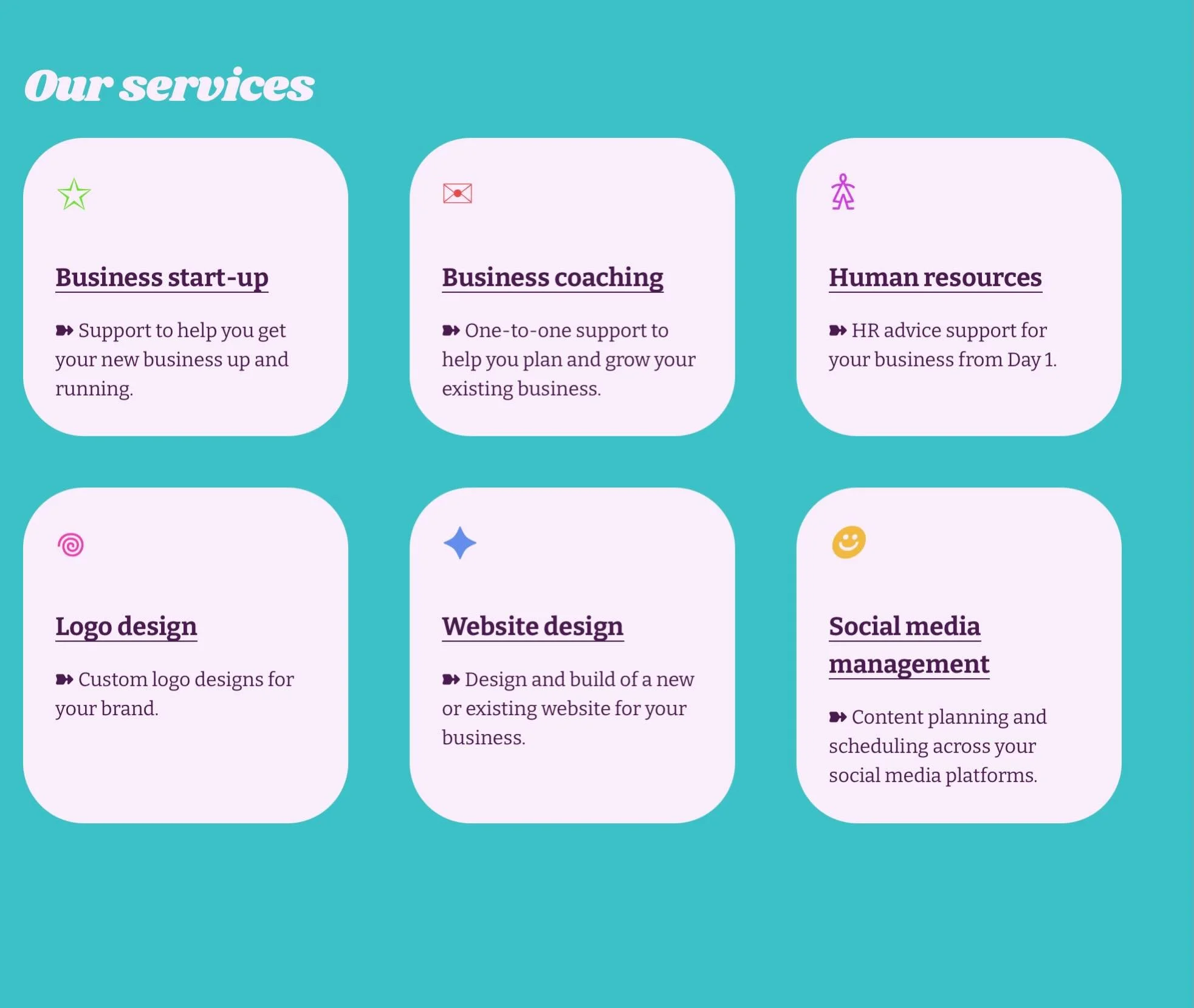 Social media, websites, branding, HR &amp; business coaching &ndash; all under one roof.
We help start-ups &amp; growing businesses launch, build &amp; reach their goals, without the hassle of juggling multiple providers.

#SmallBusinessSupport #Busi