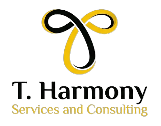 Logo featuring a stylized infinity symbol in gold and black with a speedometer needle, and text that reads "T. Harmony Services and Consulting" with "T. Harmony" in large black letters and "Services and Consulting" in smaller gold letters.