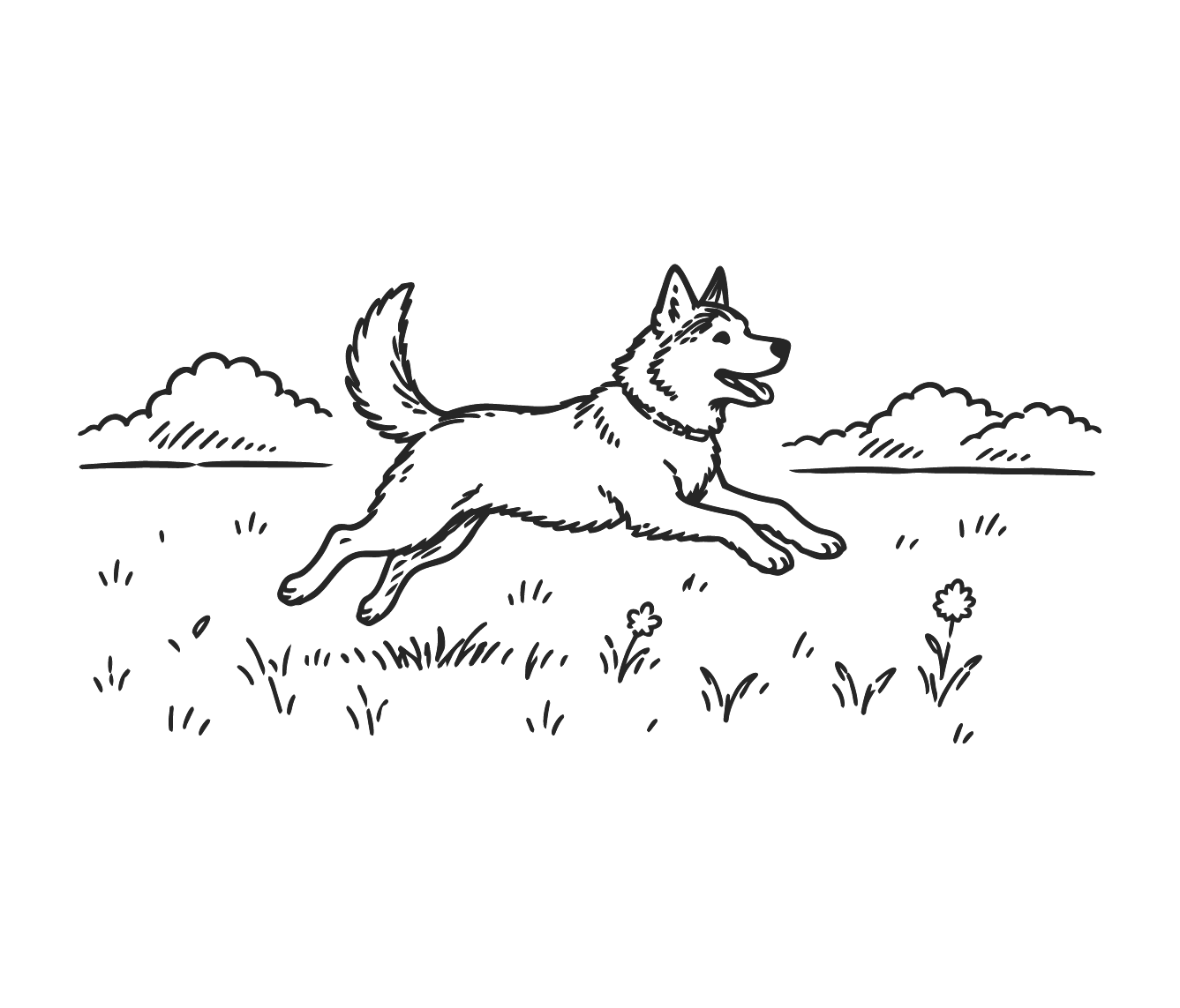 Line drawing of a dog running in a grassy field with bushes and clouds in the background.