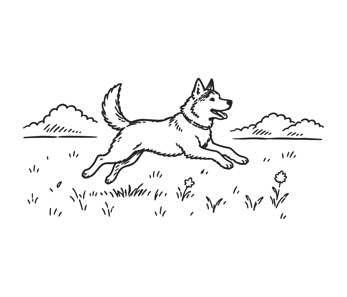 Illustration of a dog running freely through a grassy field with wildflowers.