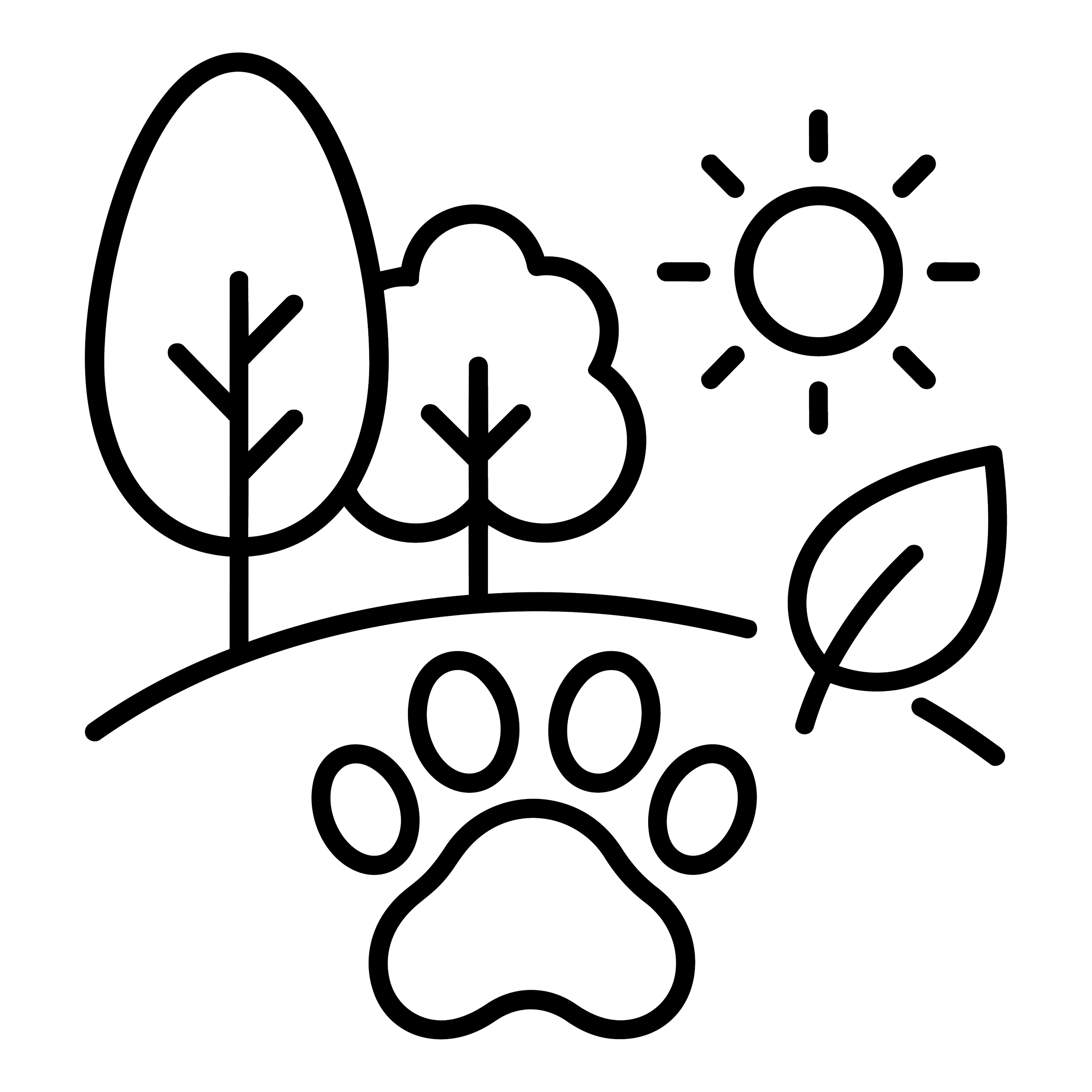 Line drawing of various eco-friendly icons including a water droplet, wind turbine, glass of water, solar panel, eco leaf, and sun.