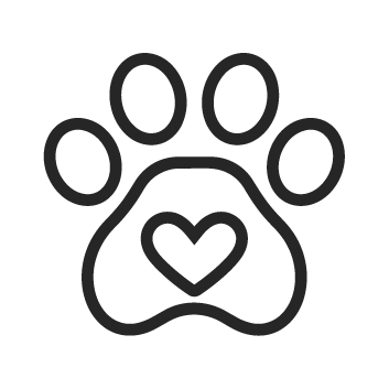 Simplified line drawing of a dog paw with a heart inside it.