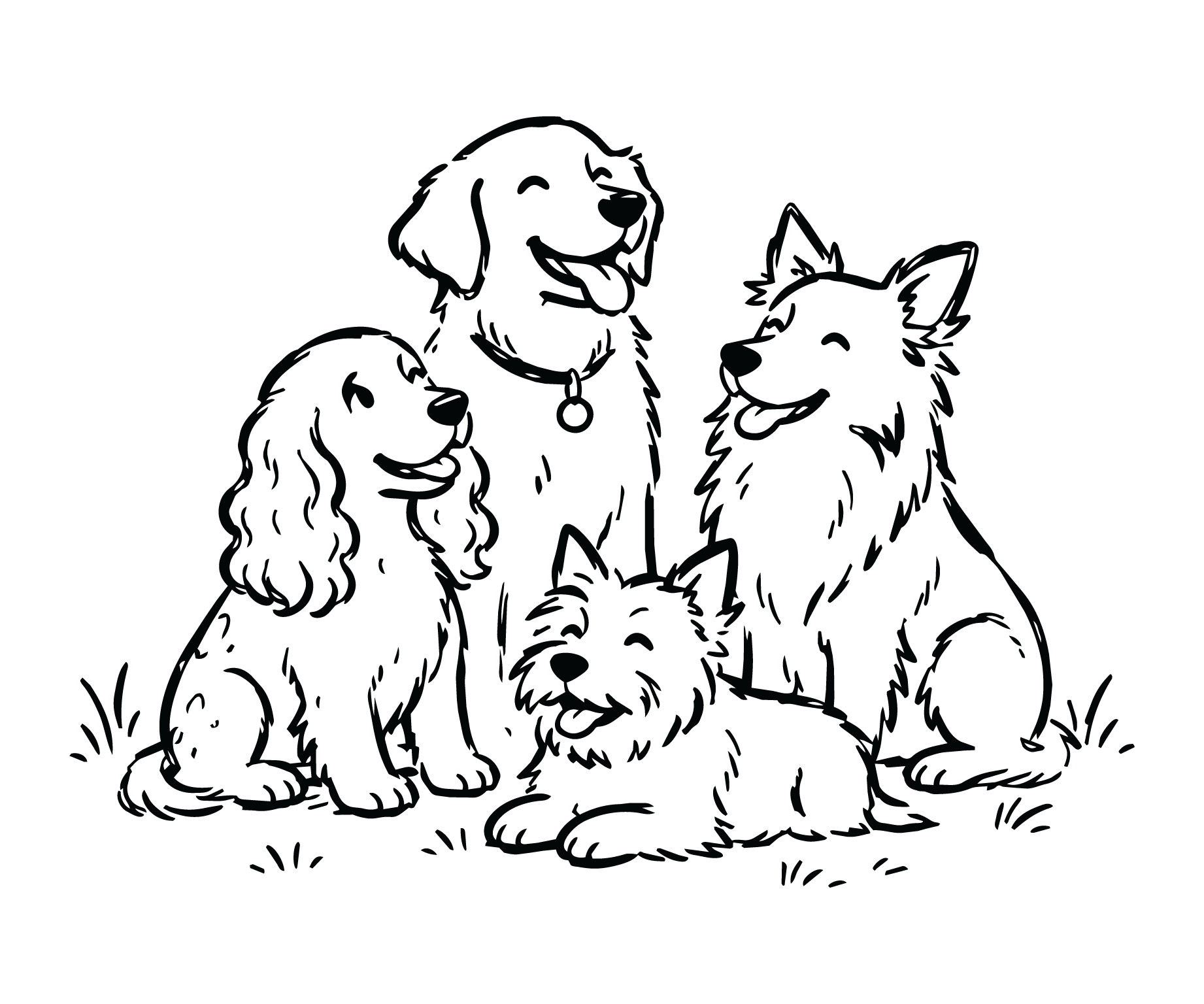 Illustration of four happy dogs sitting together as part of the Barklay Park pack.