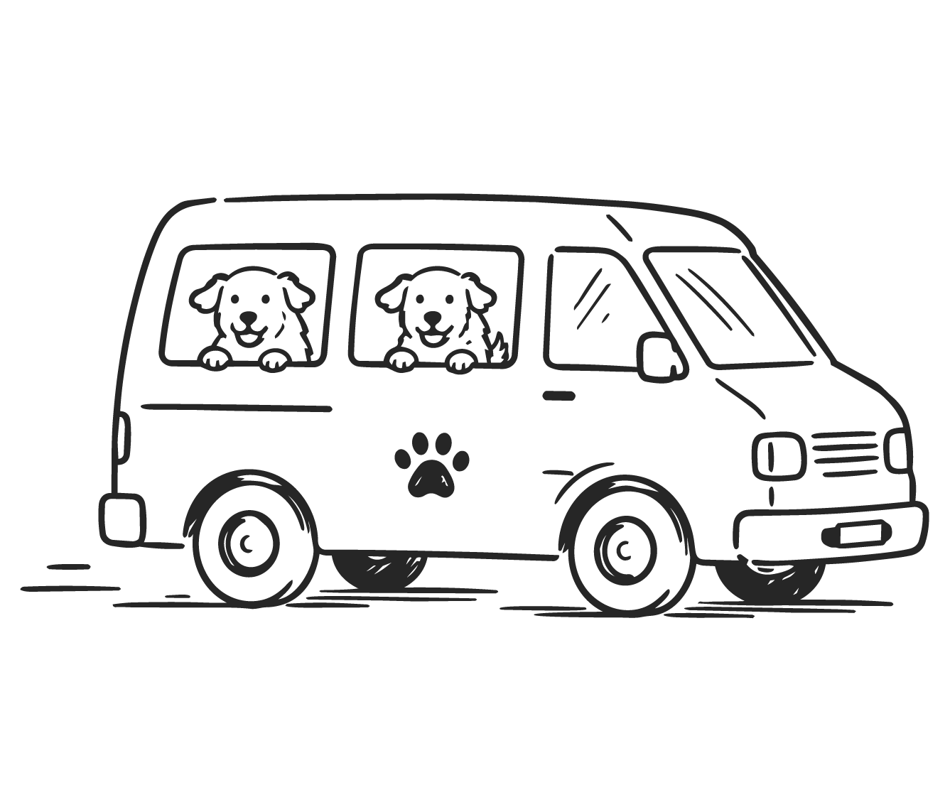 Line drawing of a van with two dogs looking out through windows. The van has a paw print symbol on its side.