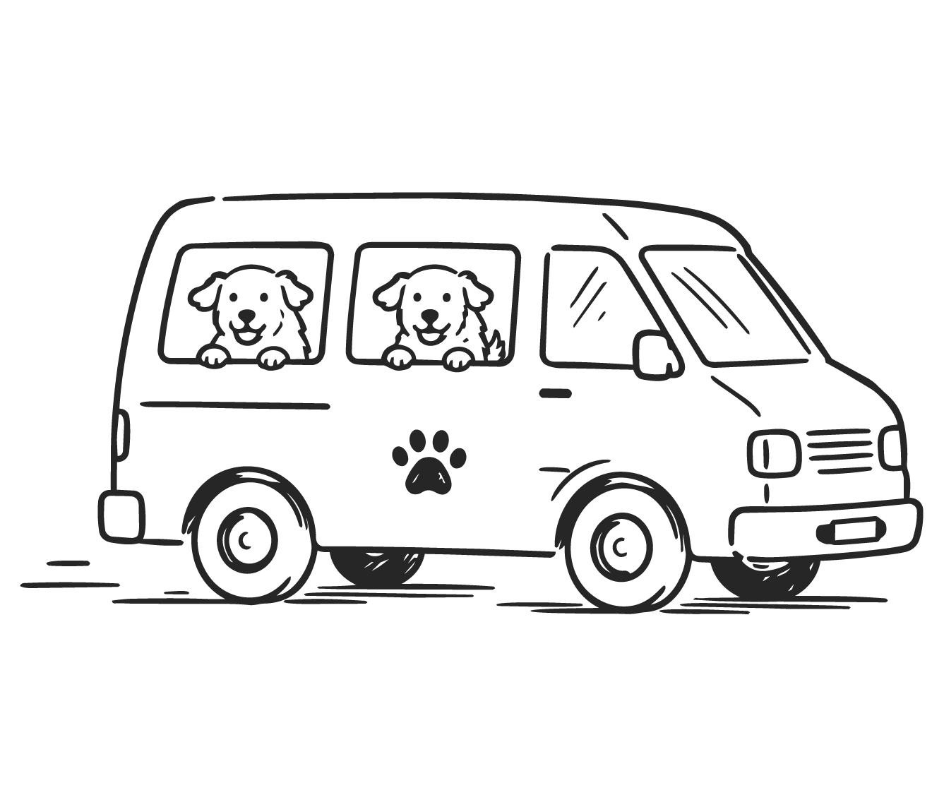 Illustration of two dogs looking out of a Dog Bus van with a paw-print emblem.