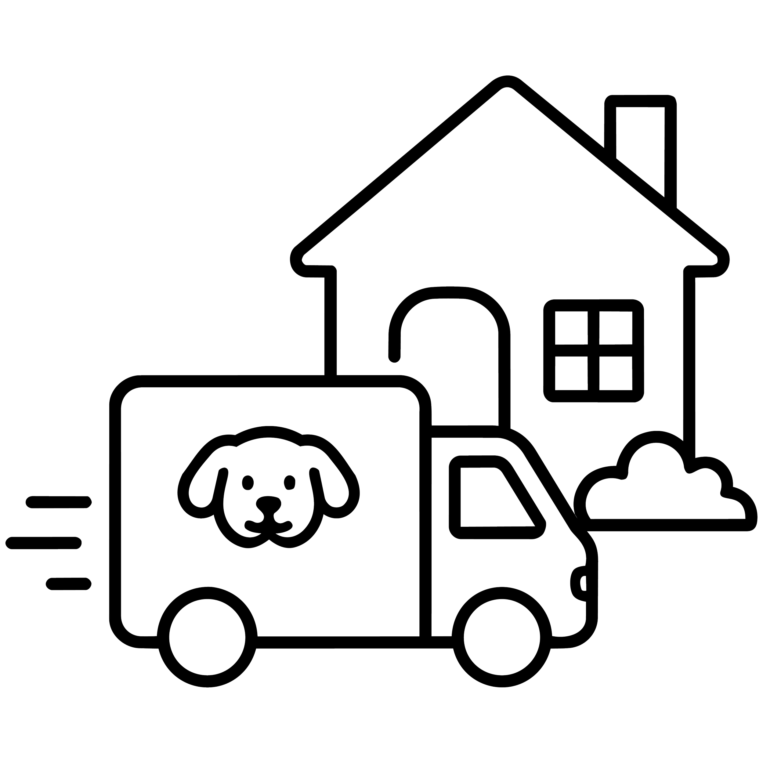 Outline of a house with a garage, a tree, and a skull in the yard, depicted in a minimalistic line art style.