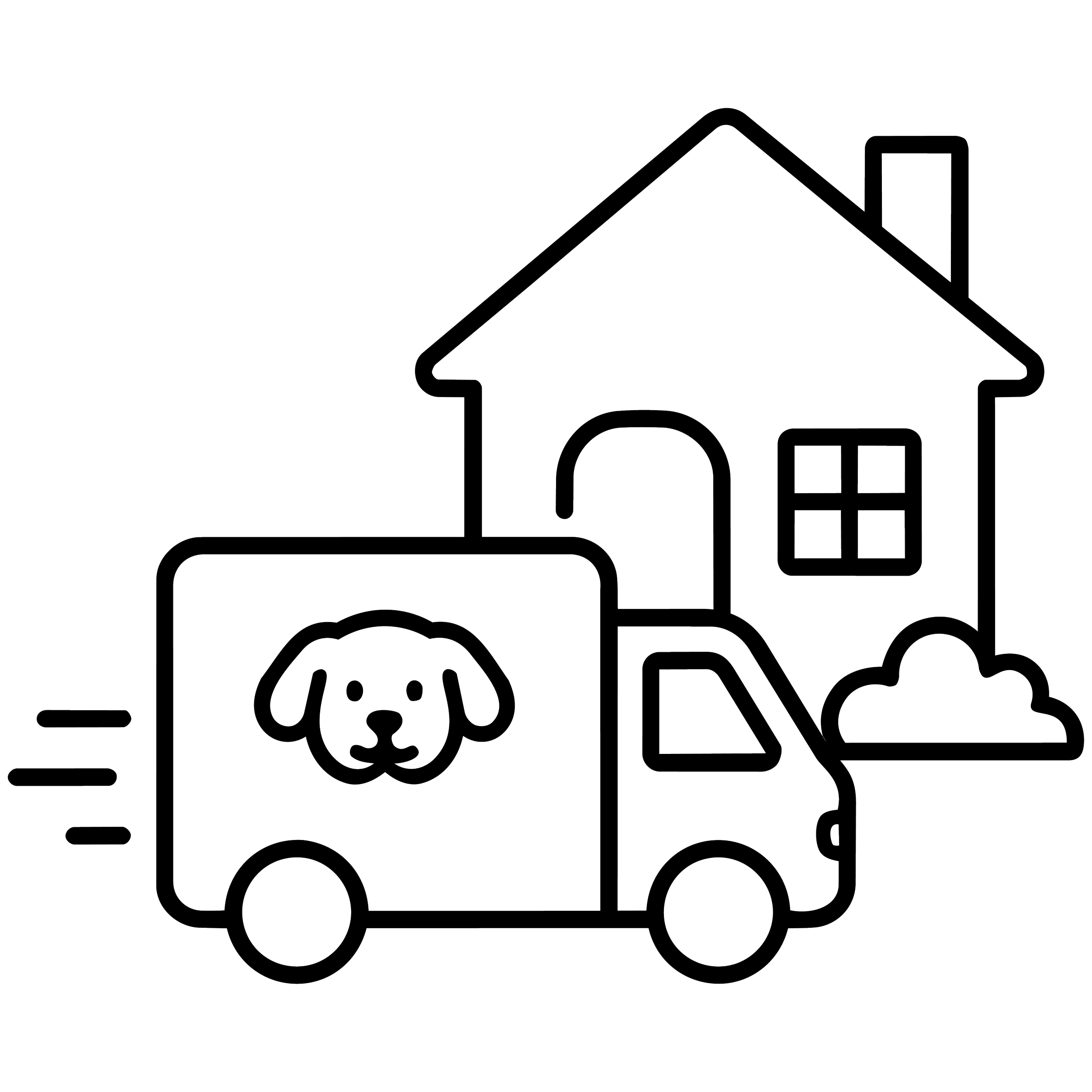 Outline of a house, a tree, and a vehicle with dog icon on the side..