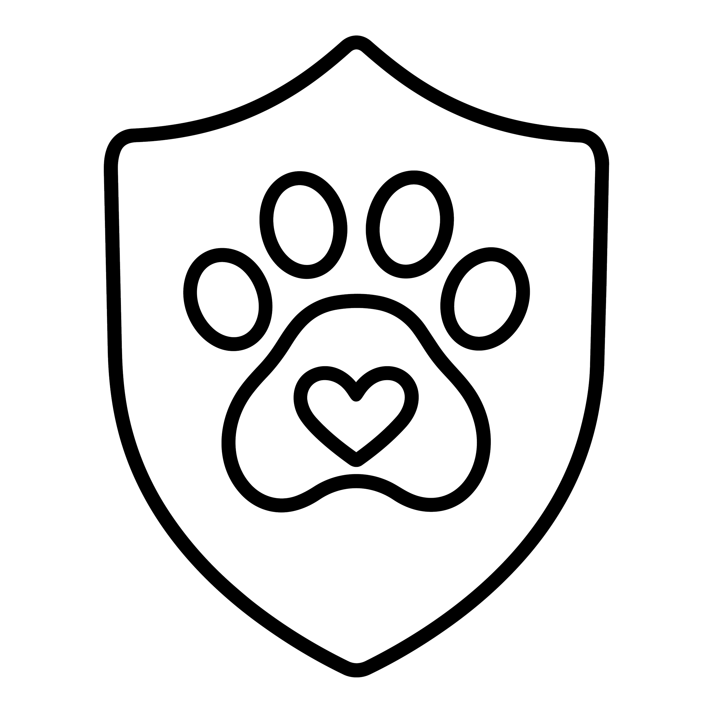 Shield with a paw and heart representing protection and care for dogs.