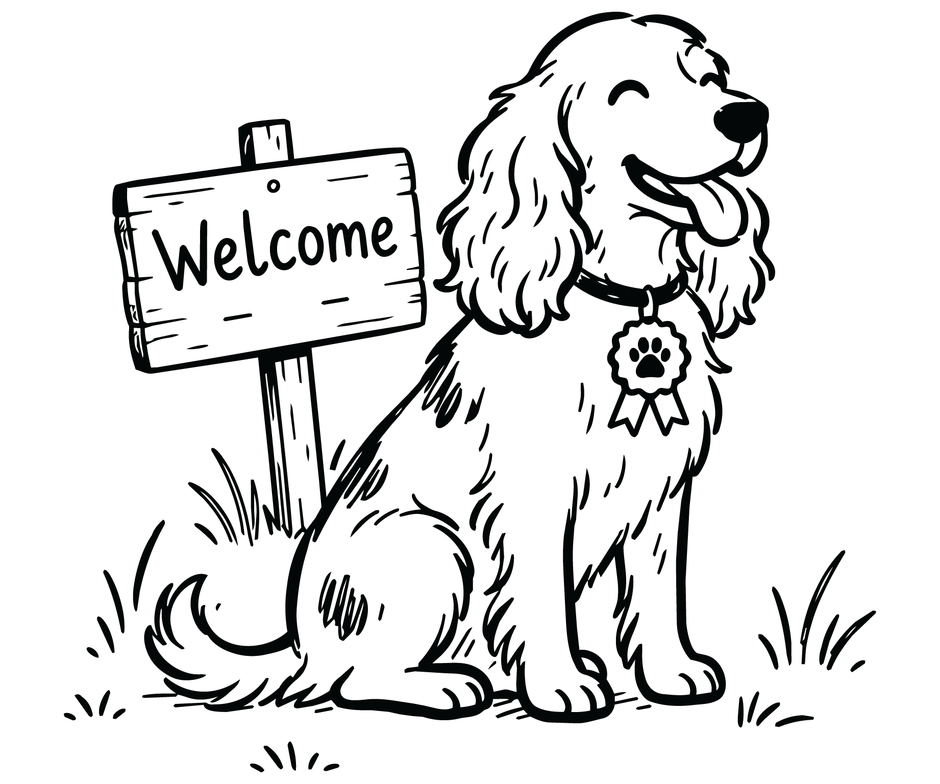 Illustration of a happy dog sitting beside a welcome sign at Barklay Park.