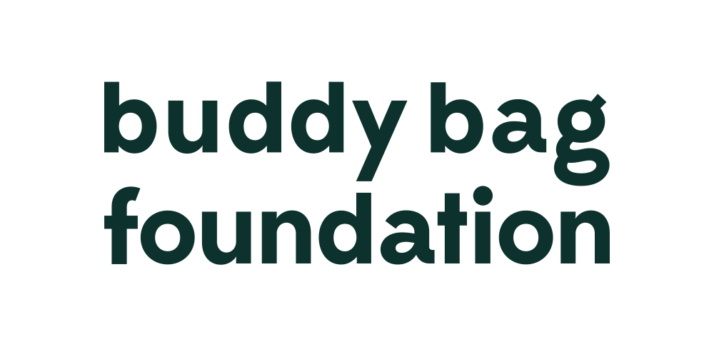 Text in dark green reads "buddy bag foundation" on a black background.