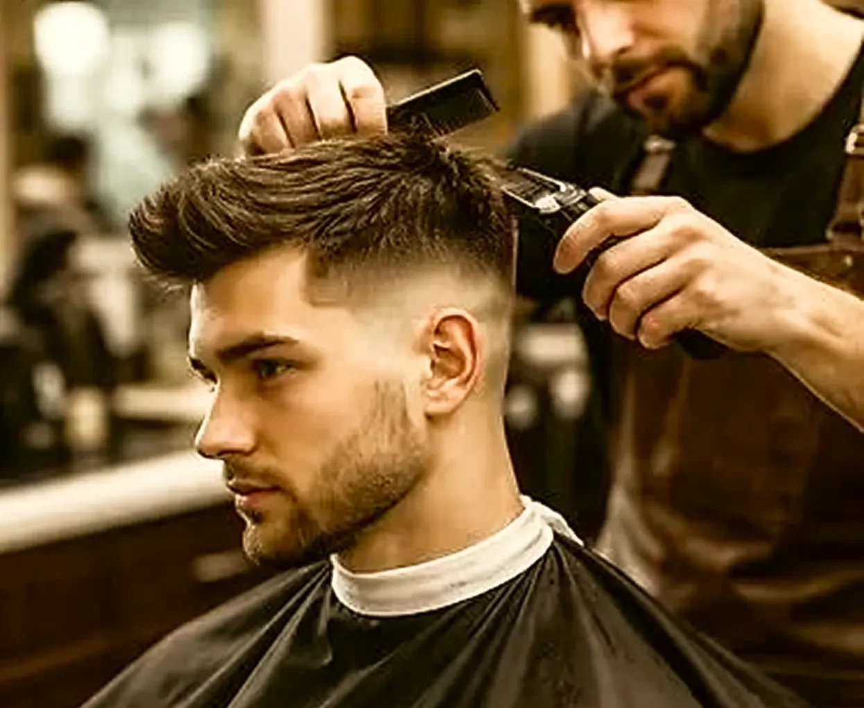 A man getting a haircut at a barbershop, with the barber using clippers on the side of his head.