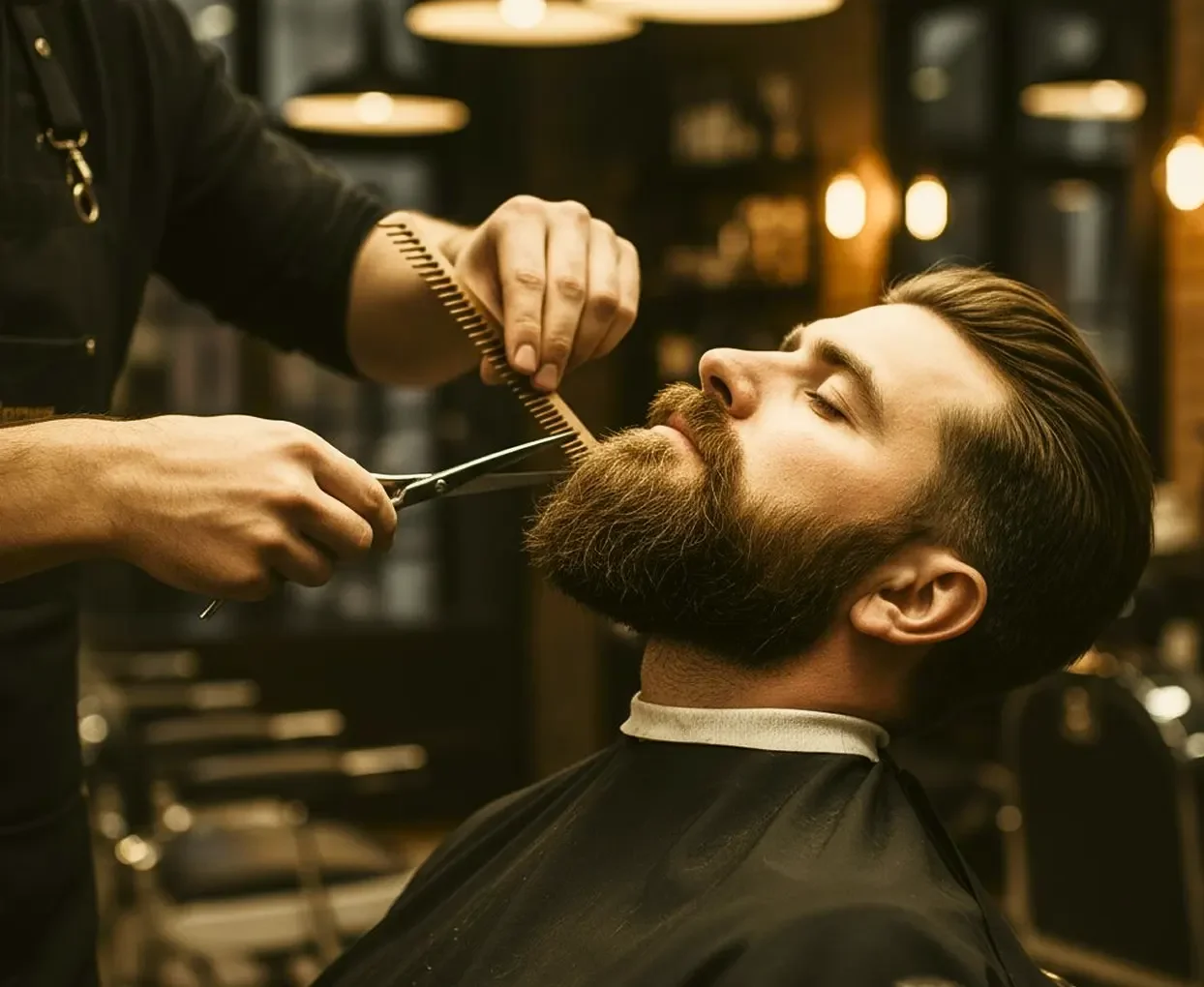 A man with a full beard and styled hair getting a haircut at a barbershop, with a barber holding scissors and a comb.