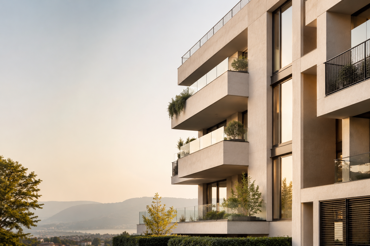 Edificio residenziale con balconi e piante, vista serale con montagne sullo sfondo.