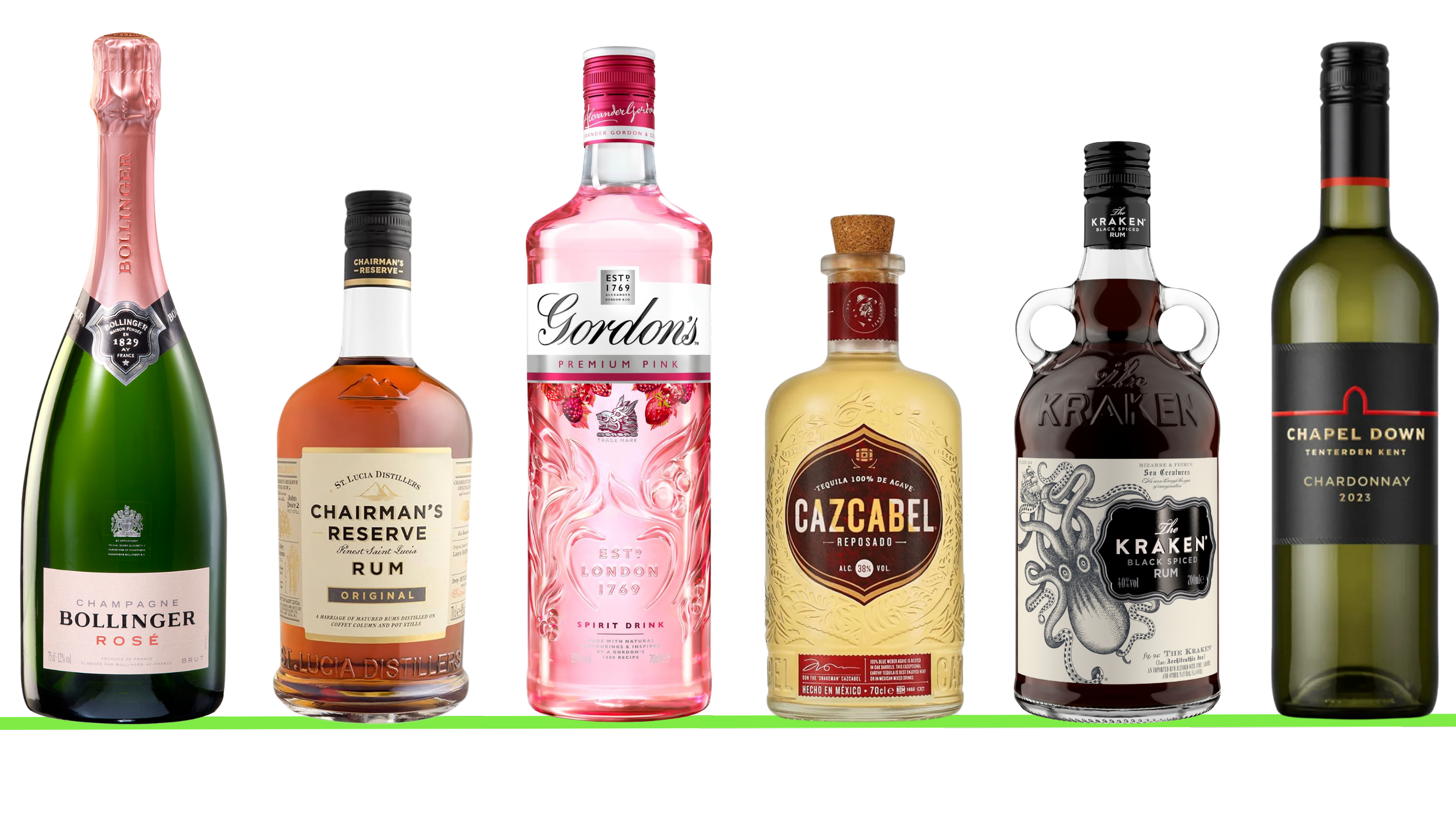 Collection of various alcohol bottles including Champagne Bollinger Rosé, Chairman's Reserve Rum, Gordon's Pink Spirit Drink, Cazcabel Reposado Tequila, Kraken Black Spiced Rum, and Chapel Down Chardonnay.