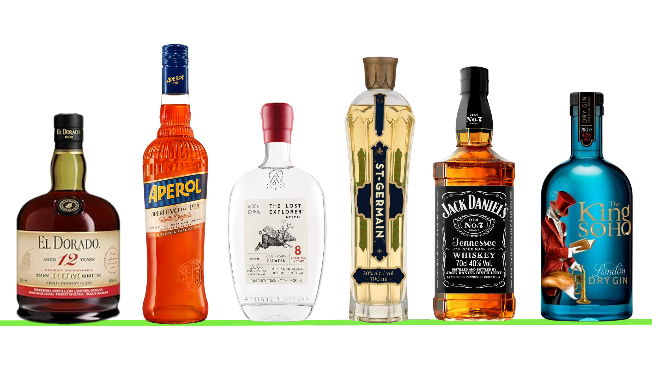 Collection of six liquor bottles, including El Dorado rum, Aperol aperitif, The Lost Explorer mezcal, St. Germain liqueur, Jack Daniel's whiskey, and The King Soho gin.