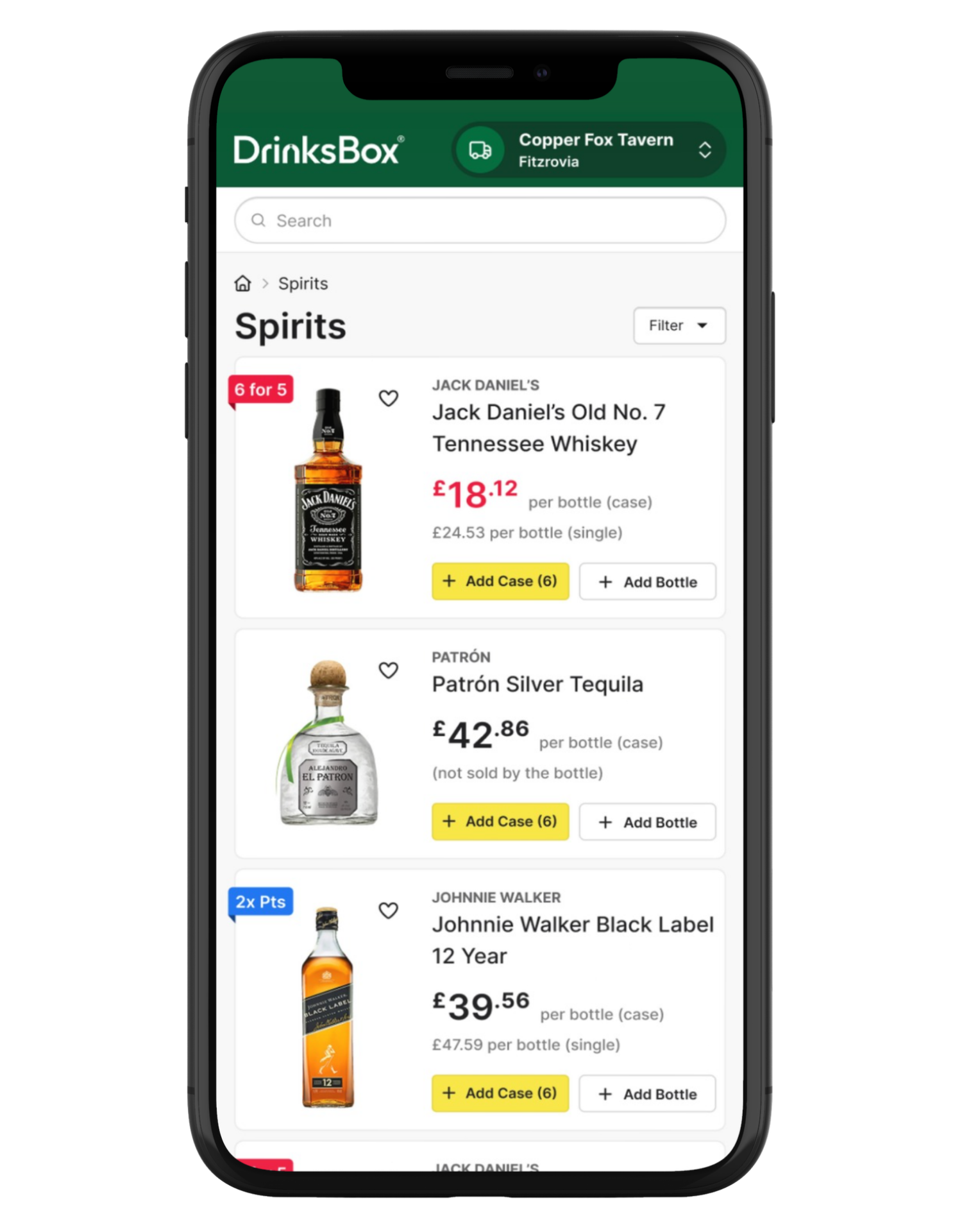A smartphone screen displaying an online drinks shopping app with a list of spirits including Jack Daniel's whiskey, Patron tequila, and Johnnie Walker whisky.