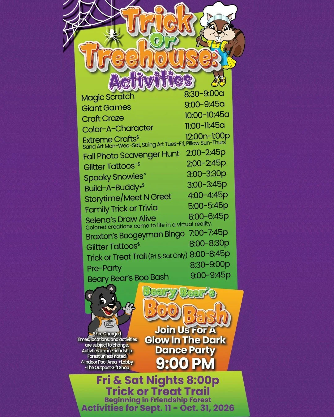 🎃🍁 Trick-or-Treehouse is officially here! 👻🌳 

Country Cascades is getting a little spookier and A LOT more fun. From Trick or Trivia and Spooky Snowies to Halloween Build-A-Buddies and more, there&rsquo;s something happening from morning to nigh