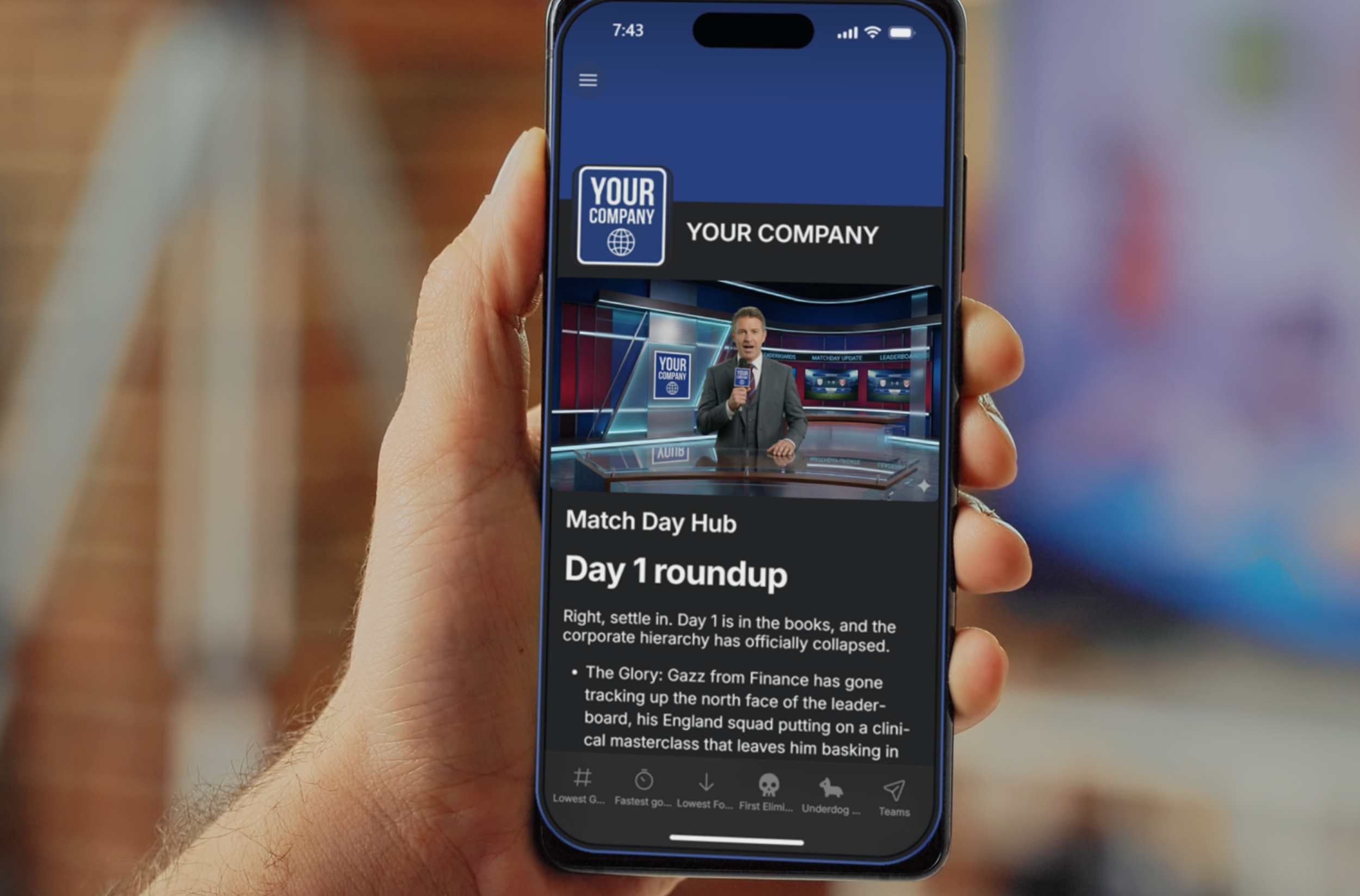 A person holding a smartphone with a sports news app open on the screen. The app displays a news story titled "Match Day Hub Day 1 round" with a background image of a news anchor in a studio.