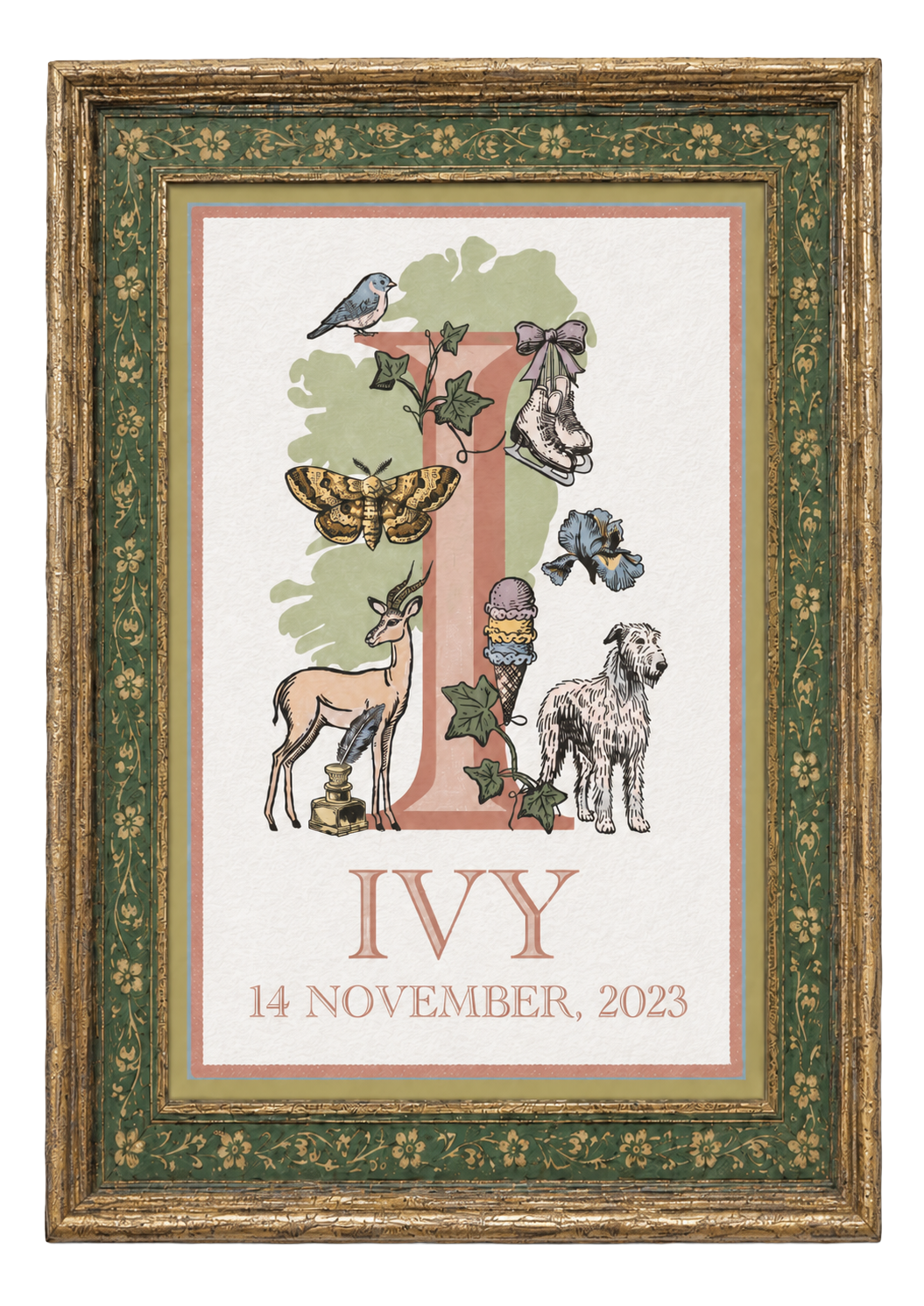 A decorative framed poster featuring the letter 'I' with illustrations of a bird, butterfly, deer, dog, ice cream cone, flower, and ice skate, and the text 'Ivy 14 November, 2023'.