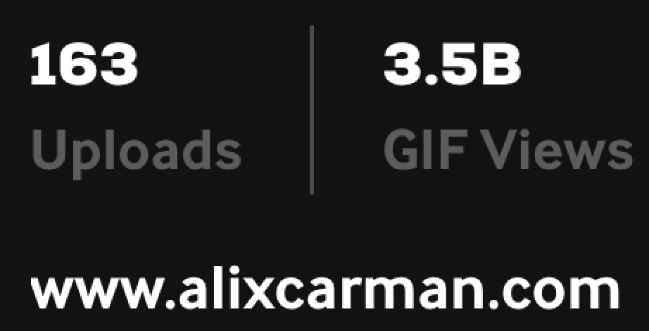 Alix Carman's giphy stats on her dashboard showing 163 uploads and 3.5 billion views.