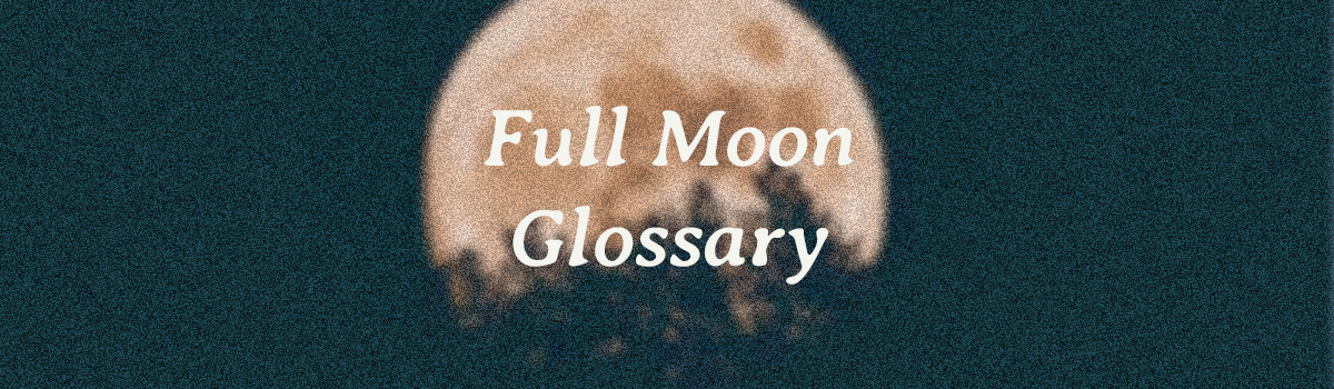 Grainy vintage aesthetic photo of the full moon with shrubbery in the forefront and a text overlay that says "Full Moon Glossary".