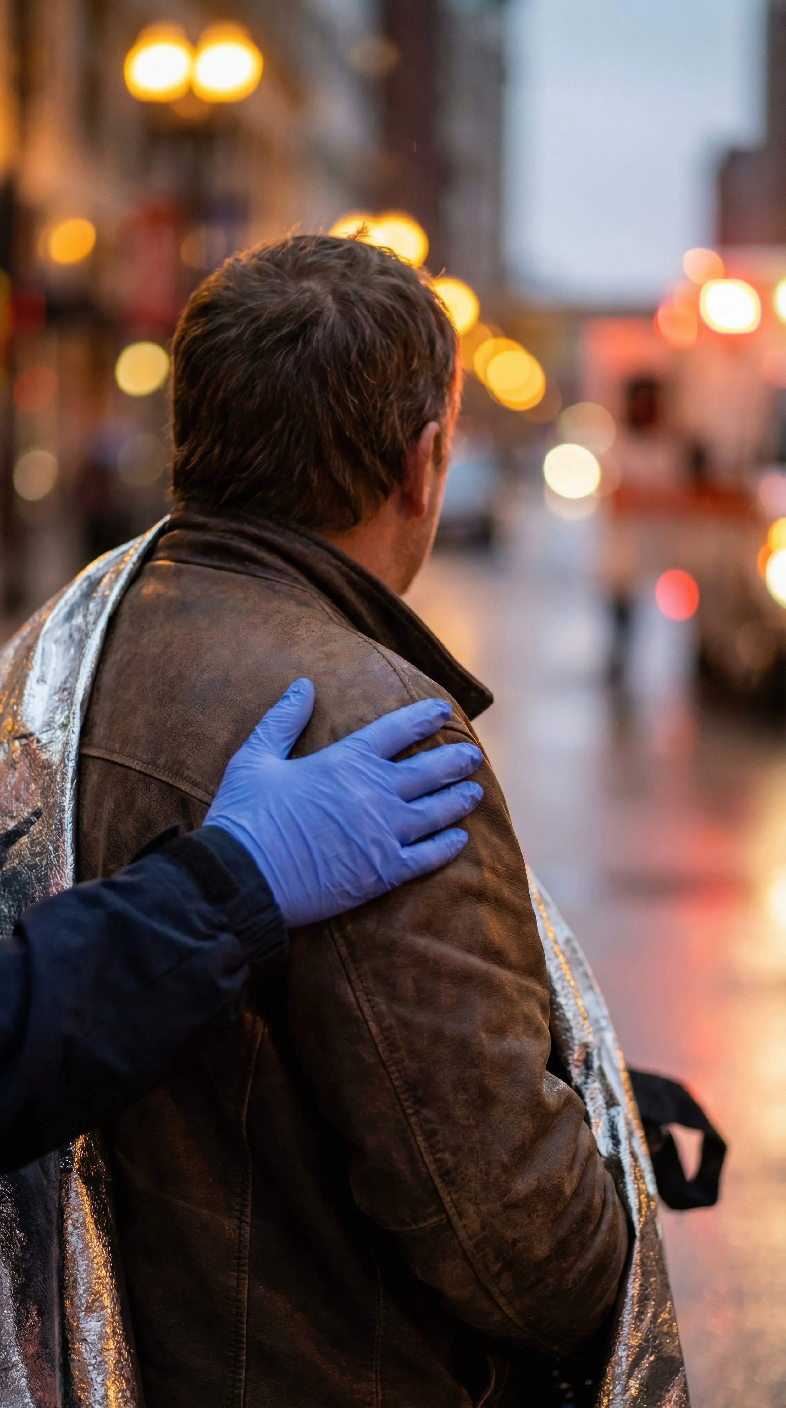 A person with dark hair wearing a brown leather jacket stands on a city street at night. A hand in a blue glove rests on their shoulder. The background is blurred with warm bokeh lights from streetlights and buildings.
