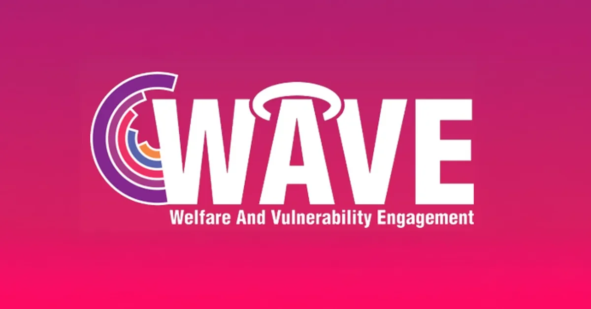 WAVE logo with a colorful circular design and the text 'Welfare And Vulnerability Engagement' on a pink gradient background.