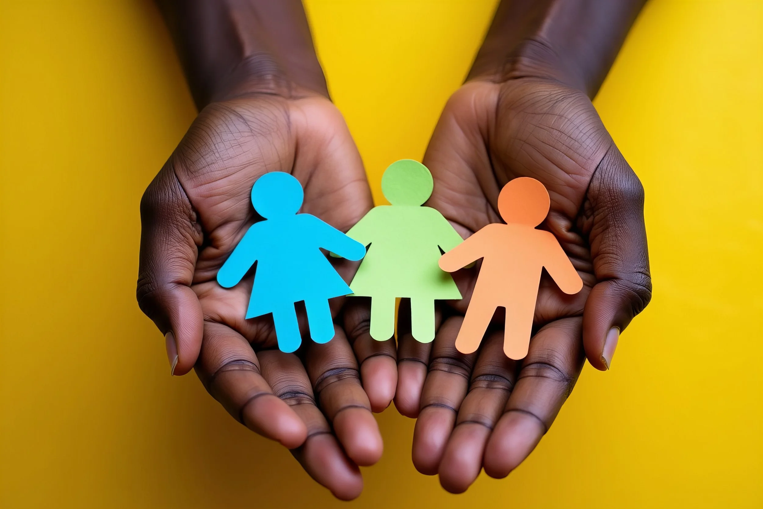 Person with dark skin holding paper cutouts of three people in blue, green, and orange on yellow background.