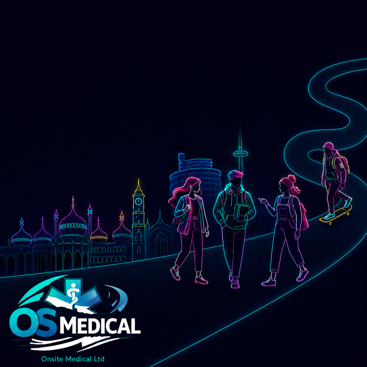 Neon outline illustration of four young adults walking and skateboarding in front of a skyline with a mix of eastern and western architecture at night, with the text 'OS Medical' and 'Onsite Medical Ltd' at the bottom.