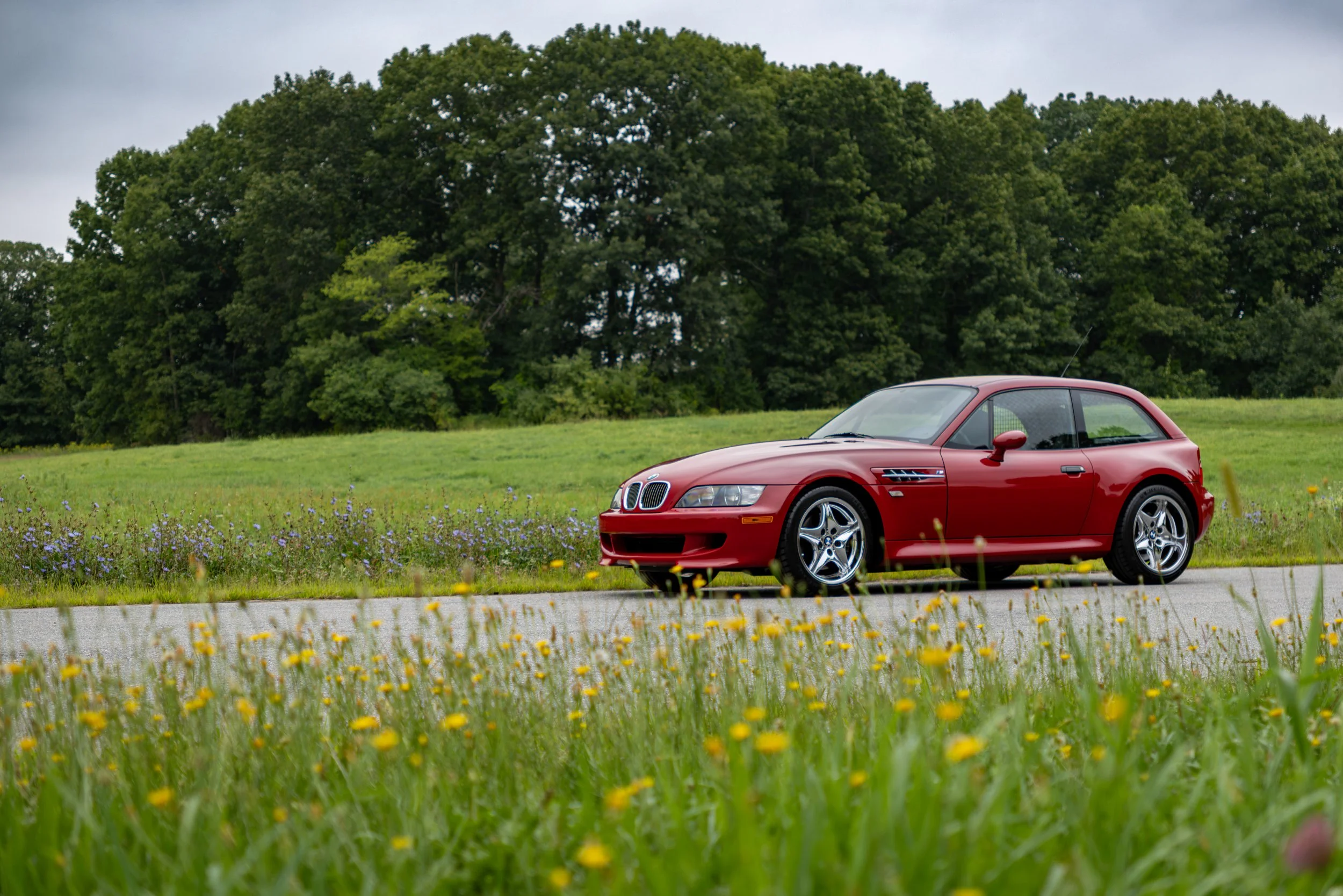 2002 BMW M Coupe in red parked in a field with yellow flowers in the foreground and greenery in the background. 