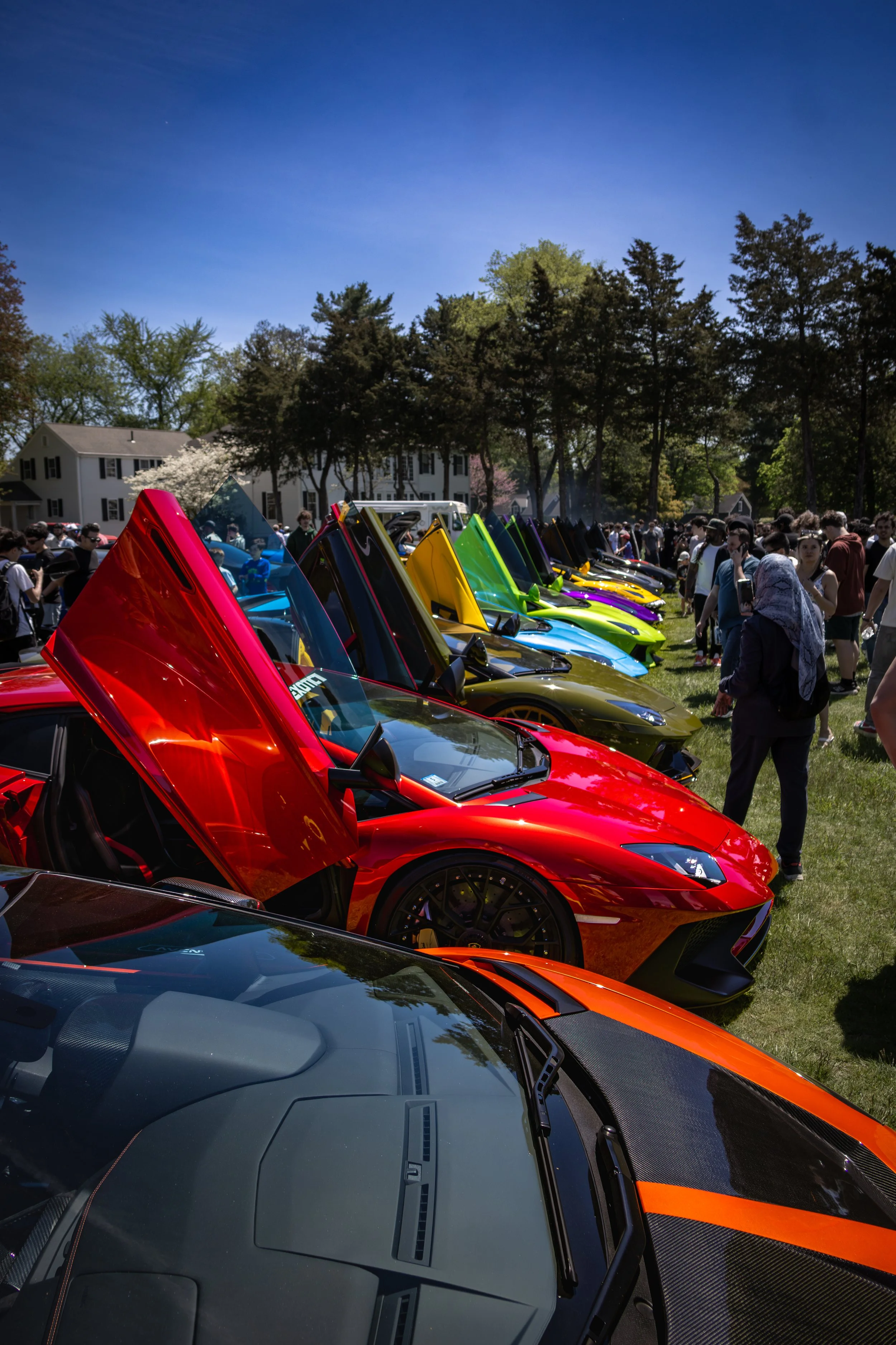 Lineup of colorful luxury sports cars at an outdoor car show with people walking around and green trees in the background.