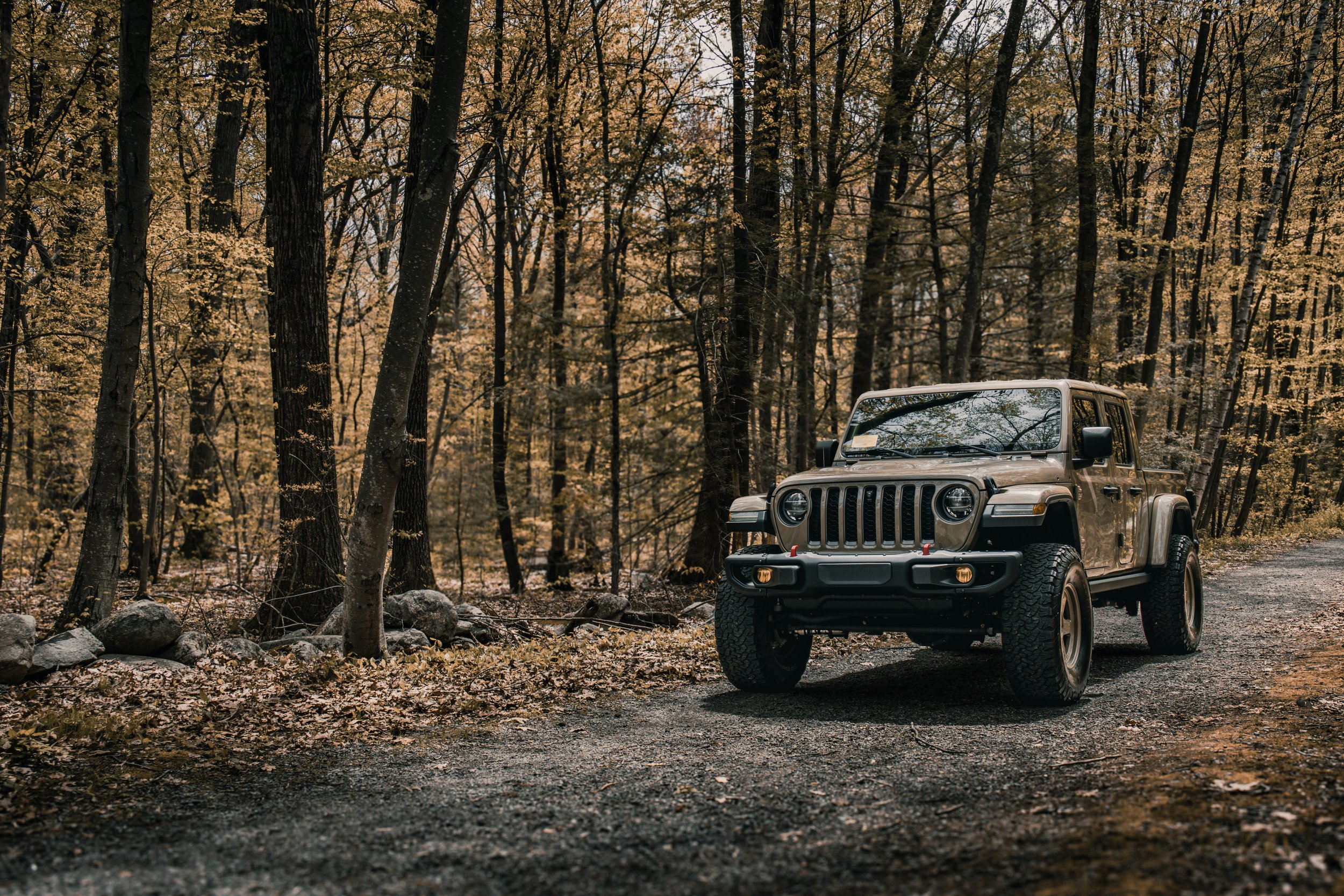 A beige Jeep parked on a dirt path in a dense forest during autumn, with trees full of falling leaves and rocks lining the pathway.