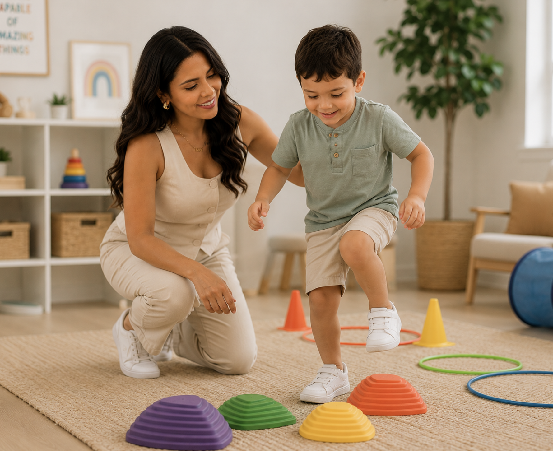 A woman kneeling on the floor assisting a young boy with a balance activity in a brightly decorated room with a carpeted floor, colorful cones, and hoops.