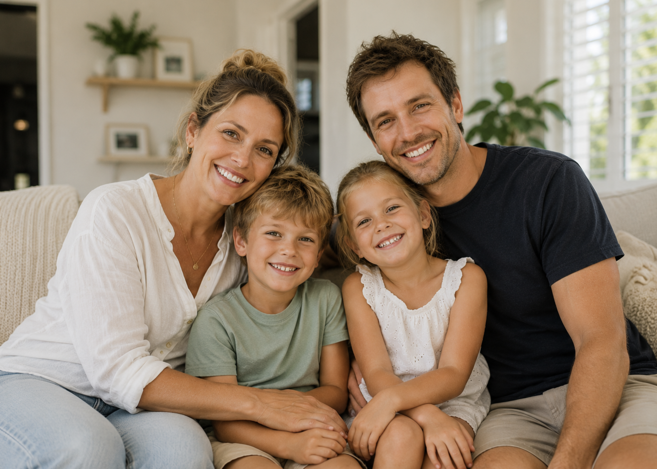 Family of two adults and three children sitting close together on a couch in a bright living room, smiling at the camera.