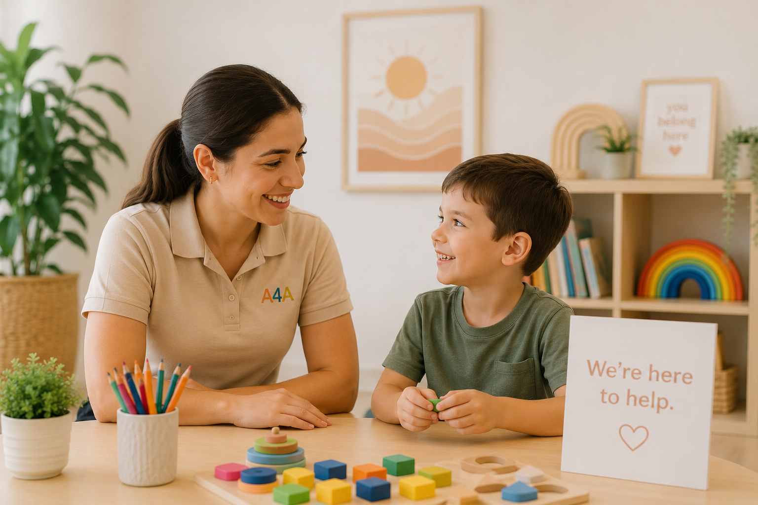 A woman and a young boy are sitting at a table in a brightly lit room, smiling at each other. The woman is wearing a beige polo shirt with 'A4A' embroidered on it. The table has colorful educational toys, a small potted plant, and a sign that reads 'We're here to help' with a heart. In the background, there are shelves with books, a rainbow decoration, and framed wall art.